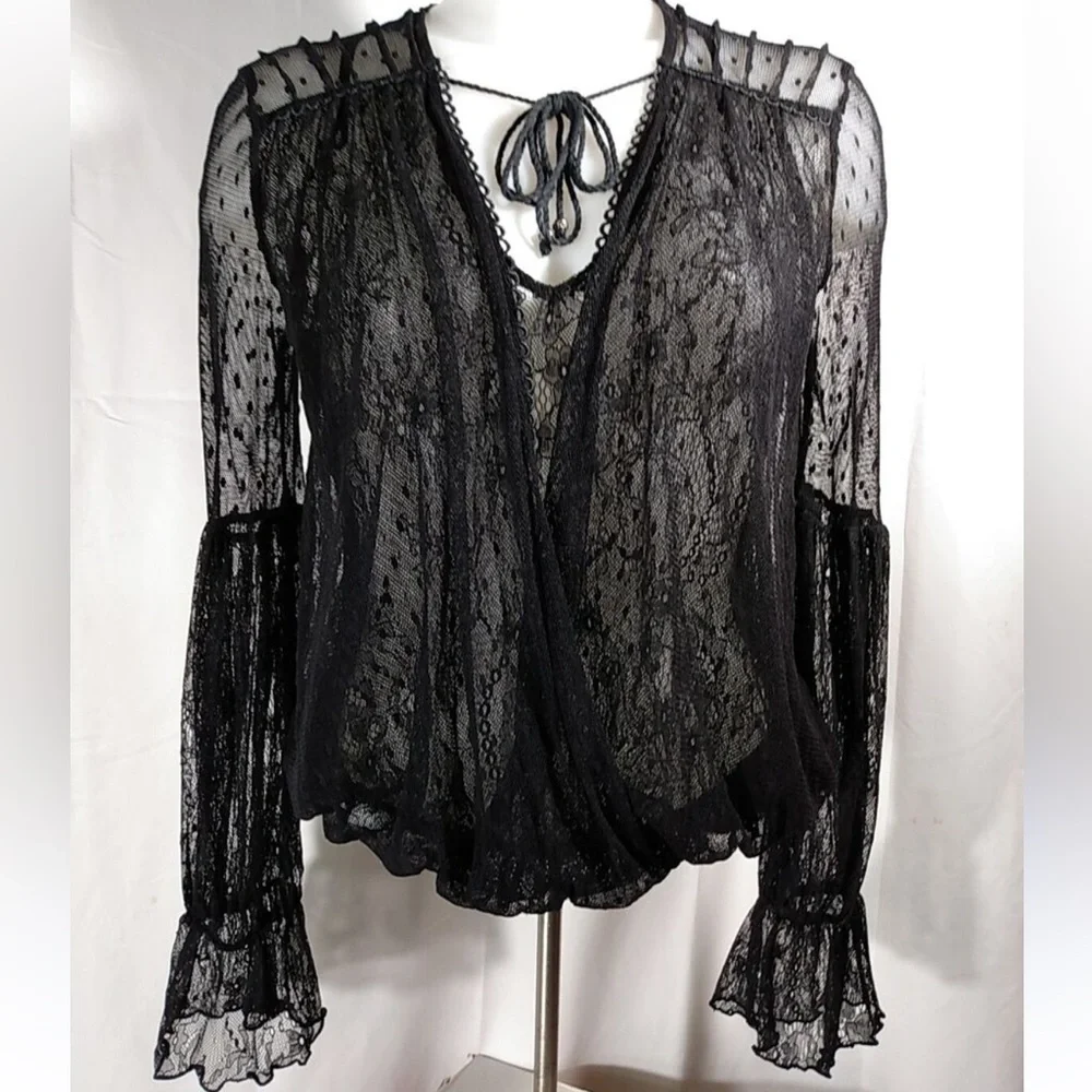 Free People Long sleeve semi sheer black lace blouse w ruffles at wrist - Picture 3 of 9